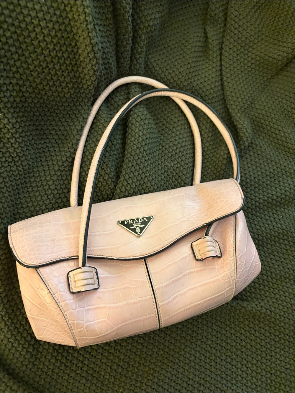 Pale Pink Croc-Embossed Shoulder Bag